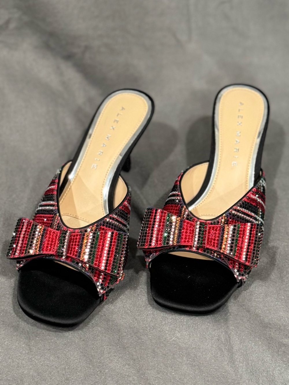 Alex Marie Rhinestone Plaid Bow Mule Heels Festive Red Green 7.5M NWOB